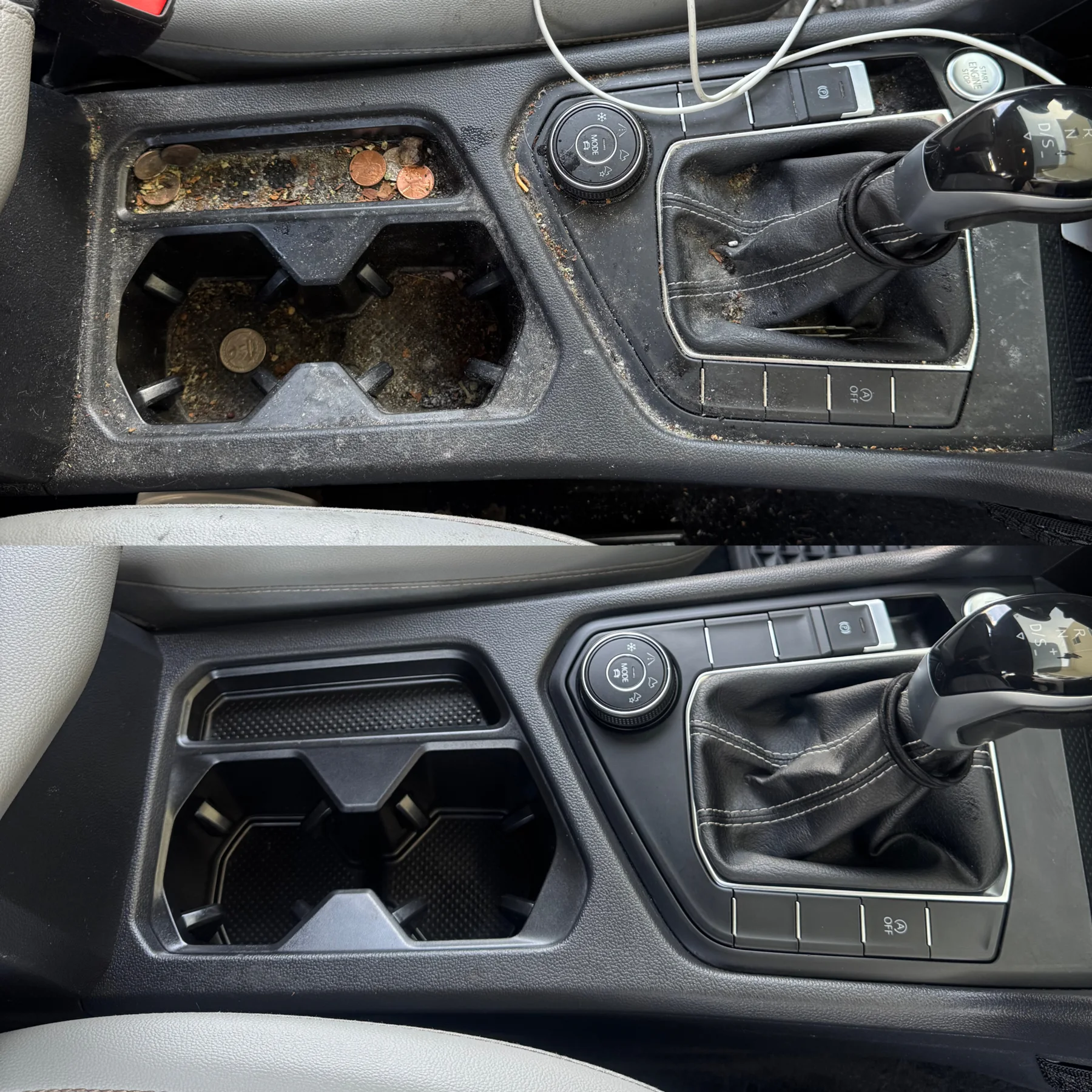 Center console before and after