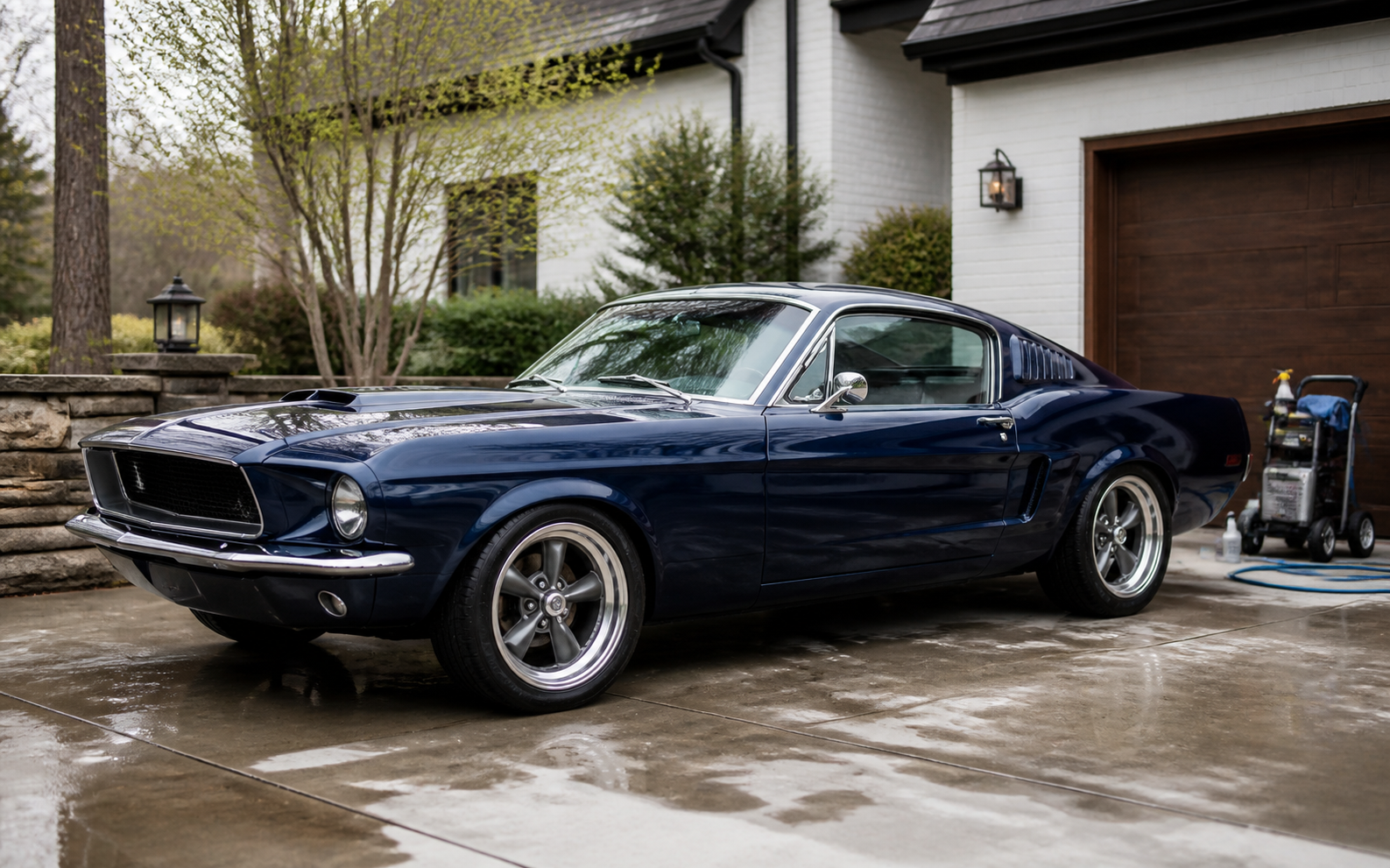 Freshly detailed navy classic car in a driveway